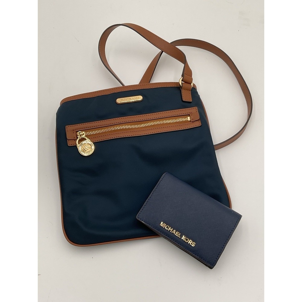 Michael Kors Navy Nylon Crossbody Bag & Navy Leather Wallet Set Gold Tone - Picture 1 of 16